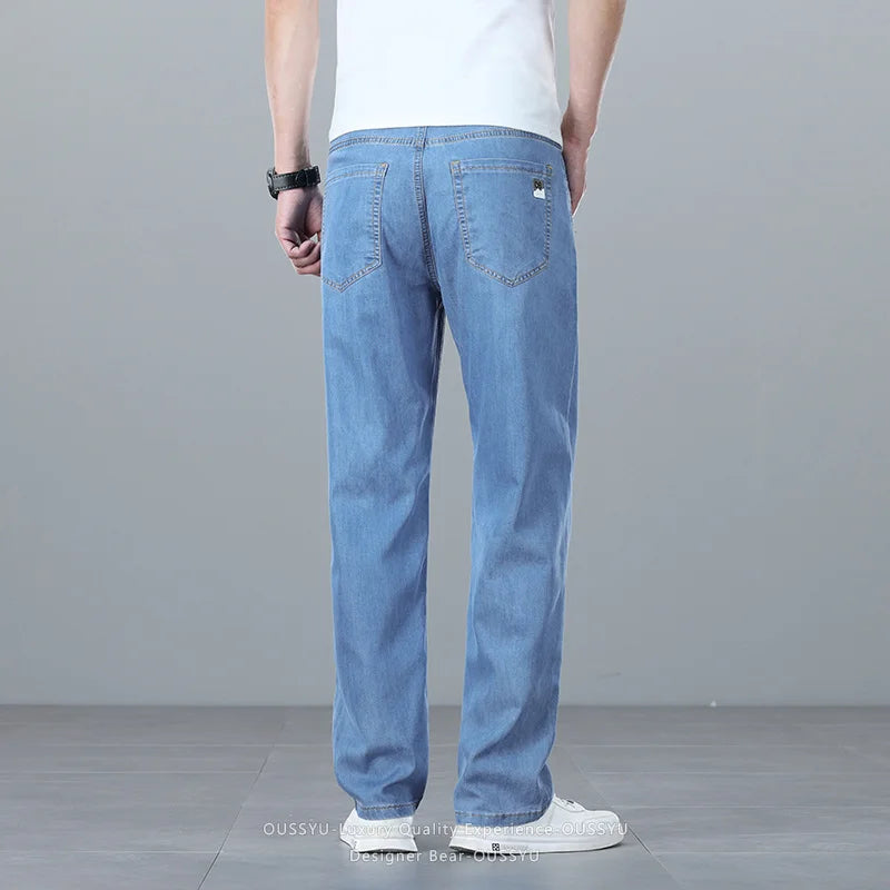 Brand Clothing Summer Lyocell Ultra-thin Men's Jeans Business Straight Denim Pants Cool Ice Silk Casual Trousers Man Plus Size