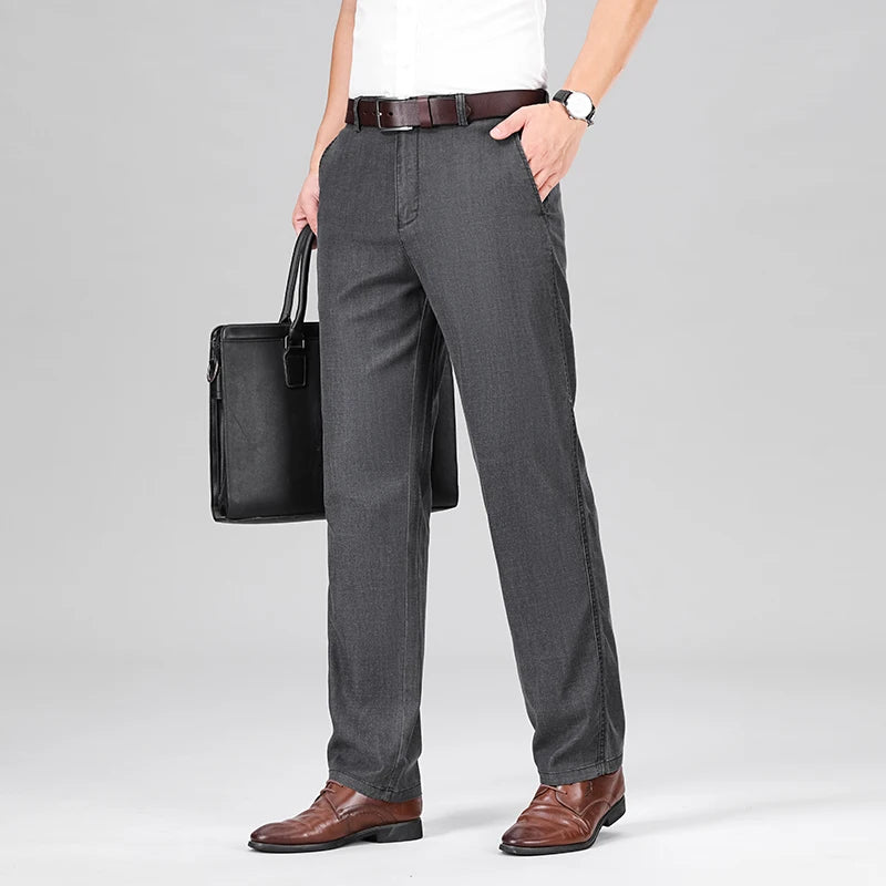 2024 New Men's Summer Thin Jeans Loose Stretch Large Size Ice Silk Straight Pants Elite Business Casual Pants Smoke Gray Blue
