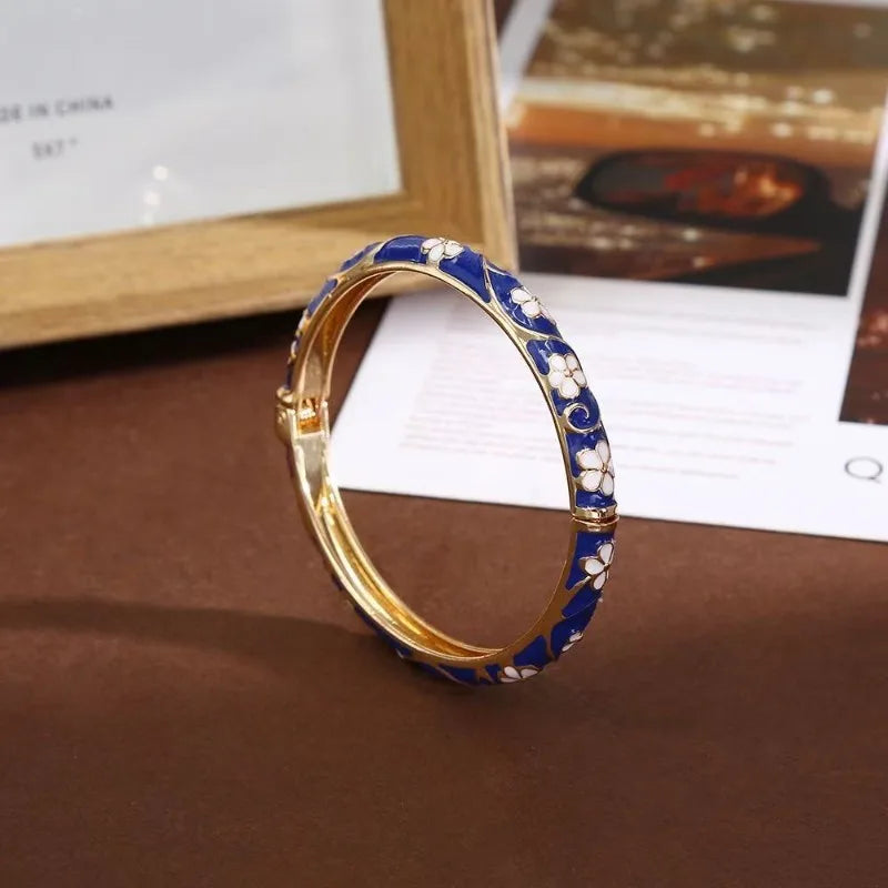 Colorful Enamel Floral Bangle Bracelet Retro Gold-Tone Open Cuff, Elegant Dainty Jewelry For Women Gifts