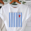 Light Blue Striped Pattern Printed Summer T-shirt for Women Round Neck Short Sleeved Casual Women's T-shirt Clothing