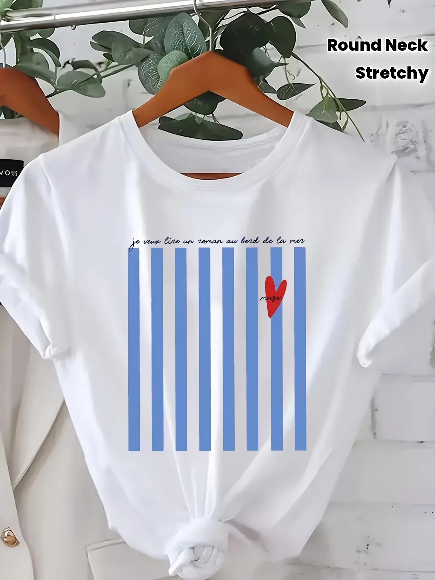 Light Blue Striped Pattern Printed Summer T-shirt for Women Round Neck Short Sleeved Casual Women's T-shirt Clothing