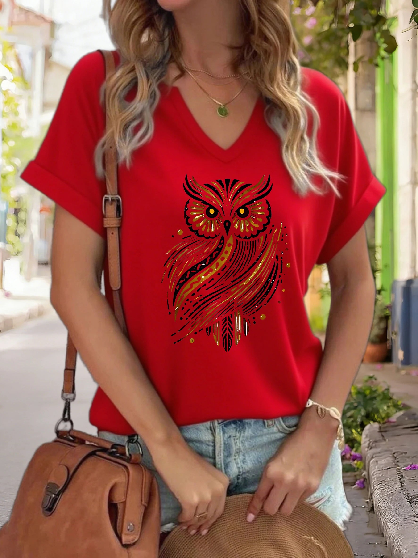 Women's V-Neck "Golden Tribal Owl" Graphic Tee, Boho Animal Print, Casual Short Sleeve Bohemian Top, Soft Cotton Daily Wear