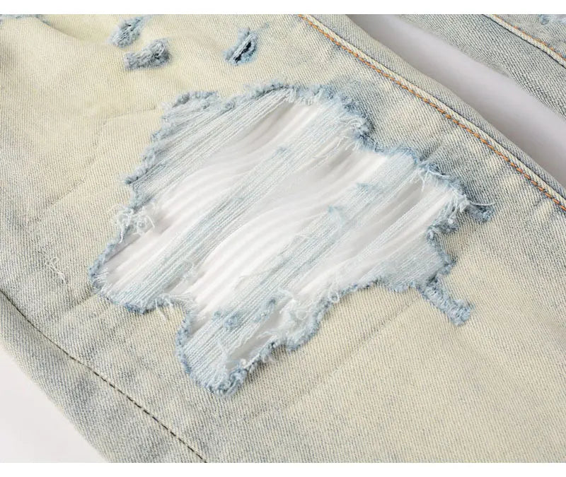 Designer High Street Fashion New Light Blue Men's Jeans Stretch Slimming White Leather Patch Hip Hop Brand Pants HombreY2K