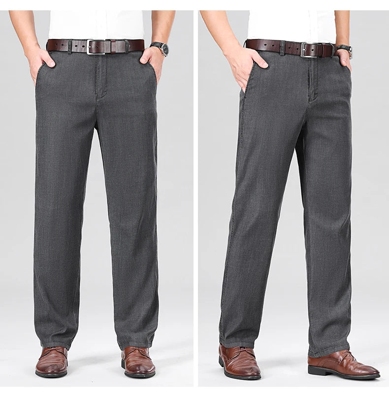 2024 New Men's Summer Thin Jeans Loose Stretch Large Size Ice Silk Straight Pants Elite Business Casual Pants Smoke Gray Blue