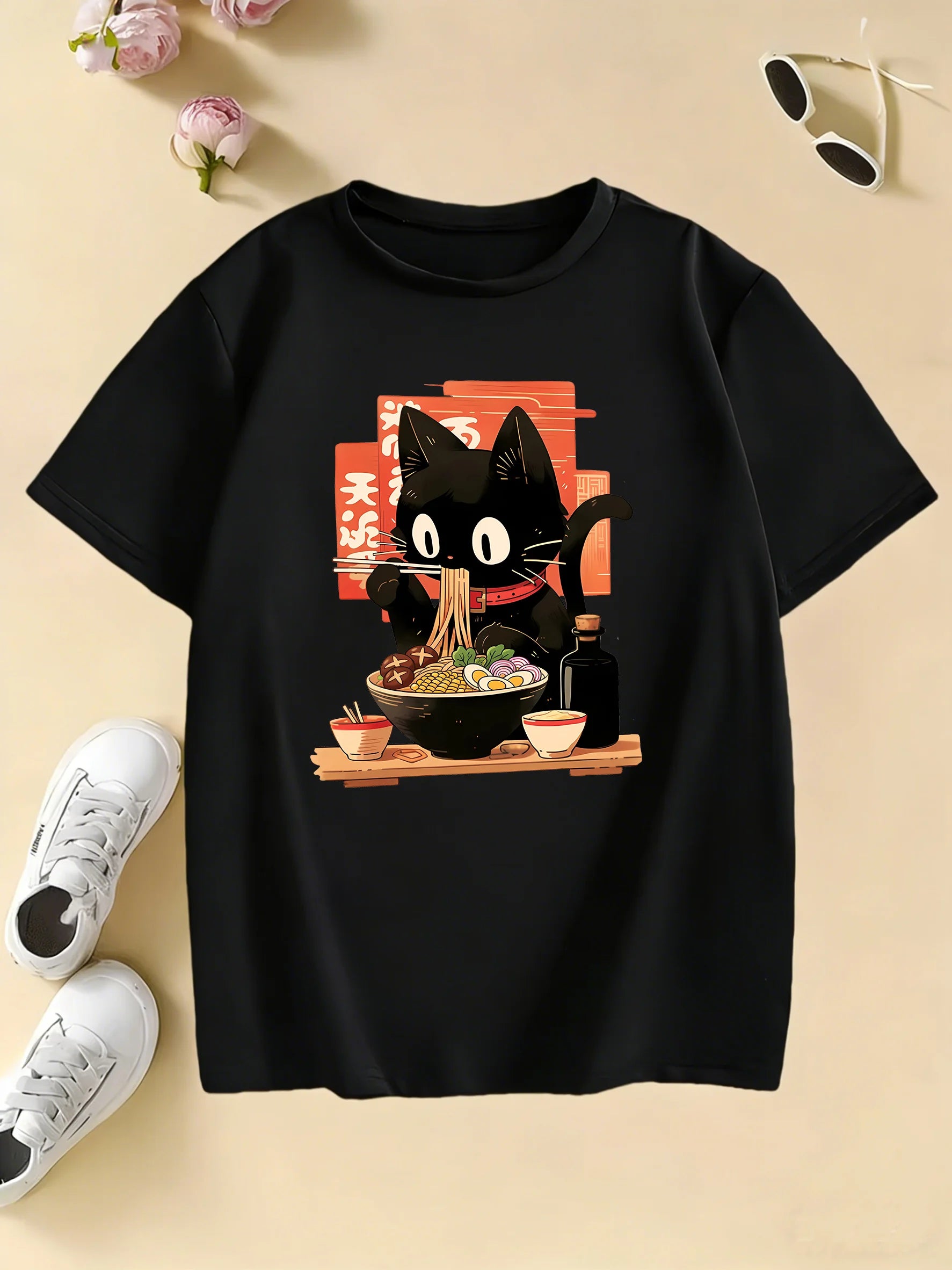 Cat Eat Ramen Kawaii Design Prined  T Shirts Manga Kids Children's T-shirt Boys Girls Summer Spring Casual Top Tee