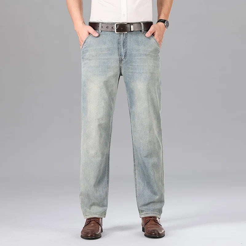 2026 Summer Brand Men's New Straight Leg Loose Lightweight Denim Jeans Classic Badge Business Casual Stretch Thin Retro Pants