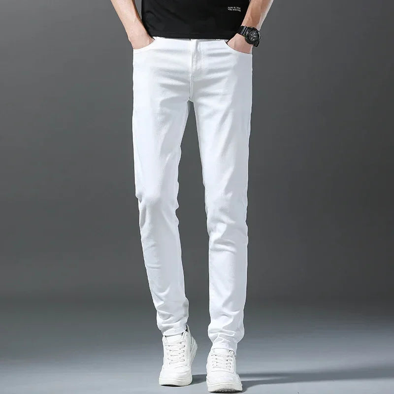 2025 Spring Summer New 98%Cotton Men's Slim Jeans Straight Casual Fashion Pencil Pants High Quality Trousers Male Clothes White