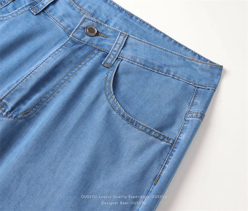 Brand Clothing Summer Lyocell Ultra-thin Men's Jeans Business Straight Denim Pants Cool Ice Silk Casual Trousers Man Plus Size