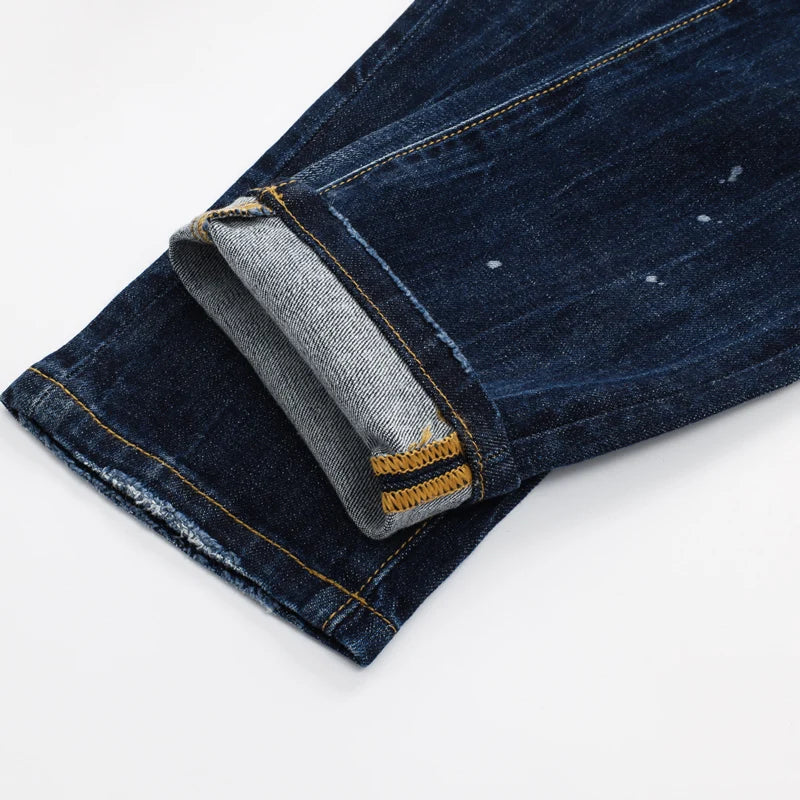 Designer Fashion New Men's Jeans Wrinkle Paint Dots Wrinkle Wash Nostalgic Stretch Slimming Blue Jeans High Street Hip Hop Brand
