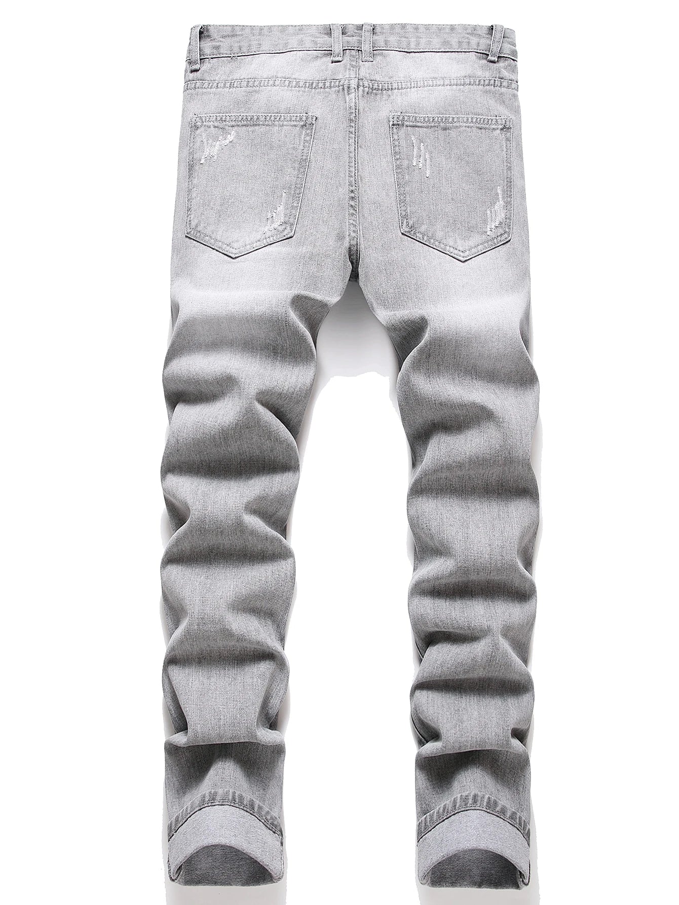 Y2K Men's Jeans - Trendy Gray Mid-Rise Straight Leg, Distressed Ripped with Whisker & Grunge Washes, Cool Street Style