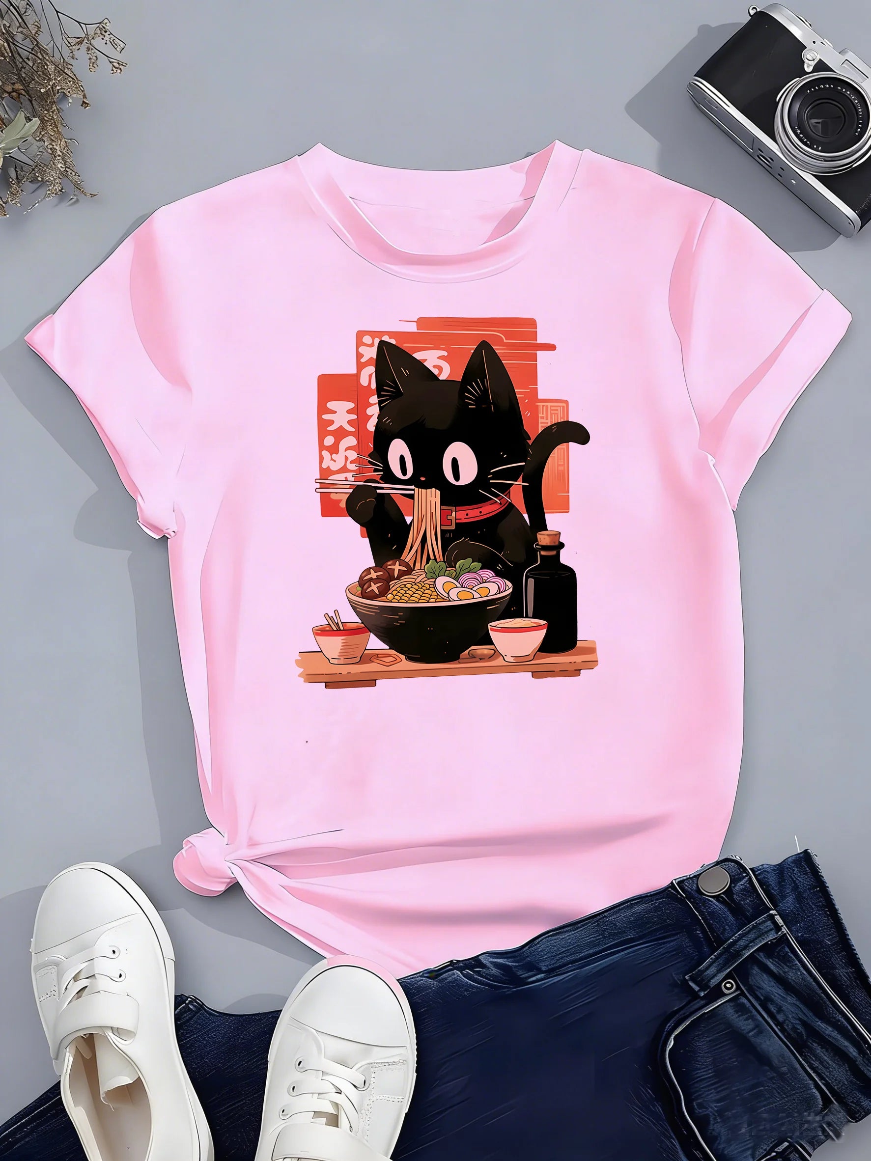 Cat Eat Ramen Kawaii Design Prined  T Shirts Manga Kids Children's T-shirt Boys Girls Summer Spring Casual Top Tee