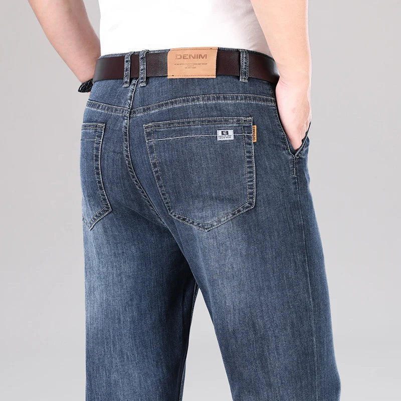 2026 Summer Brand Men's New Straight Leg Loose Lightweight Denim Jeans Classic Badge Business Casual Stretch Thin Retro Pants