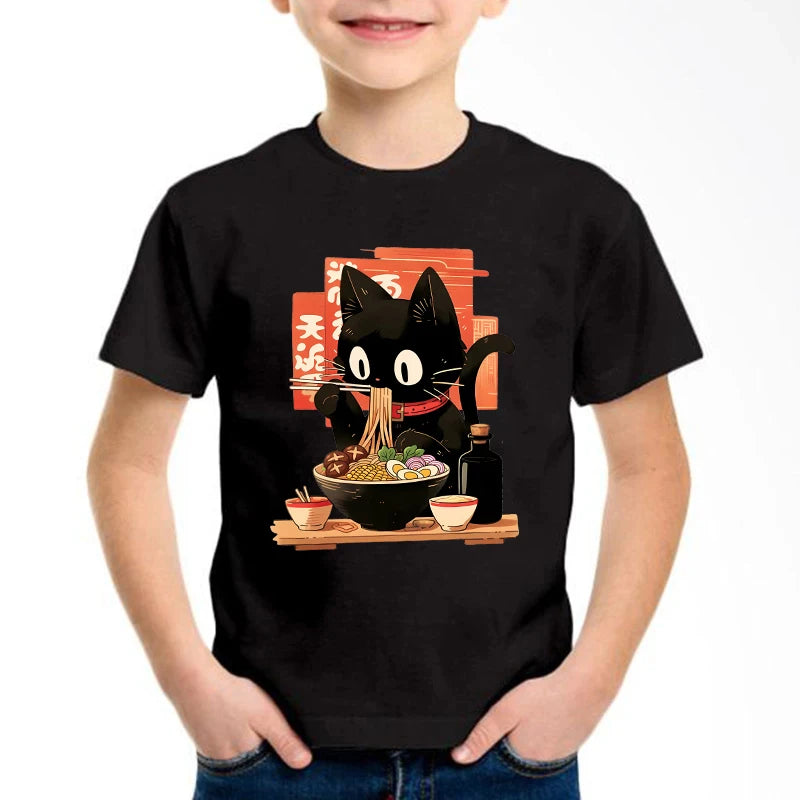 Cat Eat Ramen Kawaii Design Prined  T Shirts Manga Kids Children's T-shirt Boys Girls Summer Spring Casual Top Tee