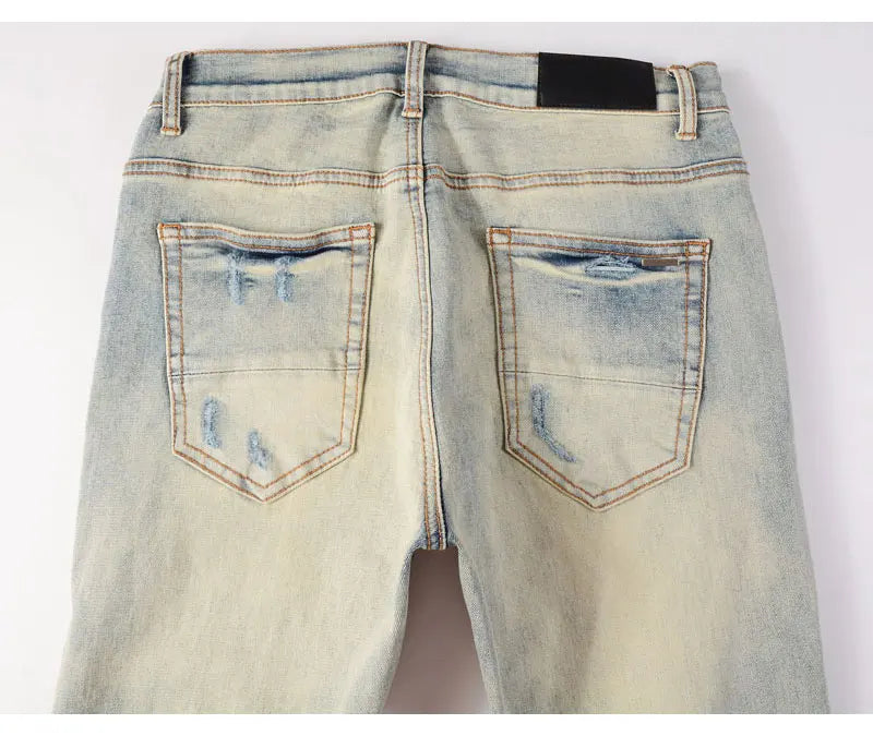 Designer High Street Fashion New Light Blue Men's Jeans Stretch Slimming White Leather Patch Hip Hop Brand Pants HombreY2K