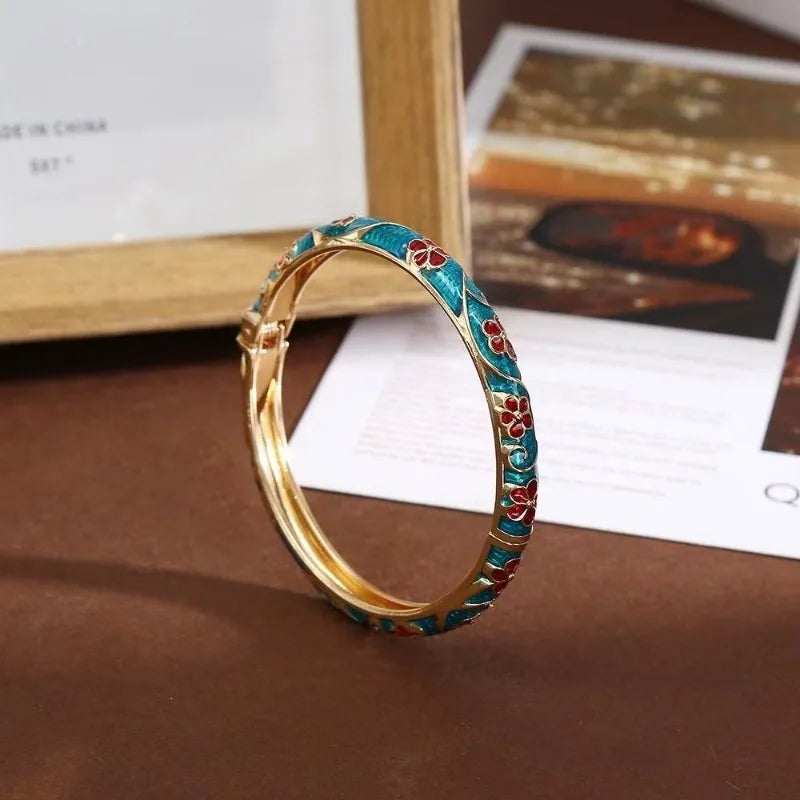 Colorful Enamel Floral Bangle Bracelet Retro Gold-Tone Open Cuff, Elegant Dainty Jewelry For Women Gifts