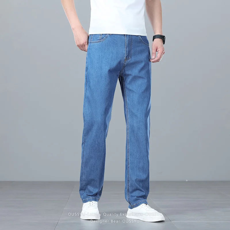 Brand Clothing Summer Lyocell Ultra-thin Men's Jeans Business Straight Denim Pants Cool Ice Silk Casual Trousers Man Plus Size