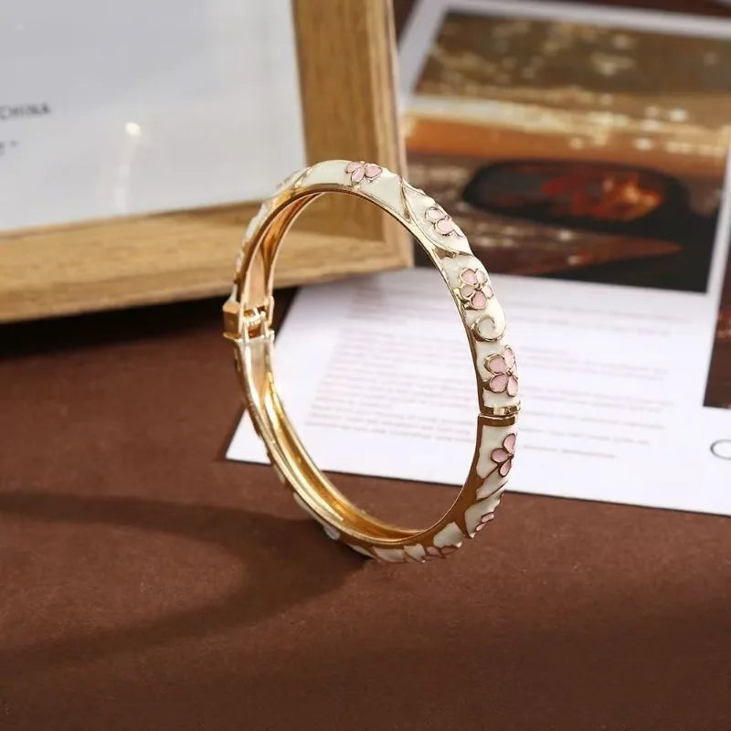 Colorful Enamel Floral Bangle Bracelet Retro Gold-Tone Open Cuff, Elegant Dainty Jewelry For Women Gifts