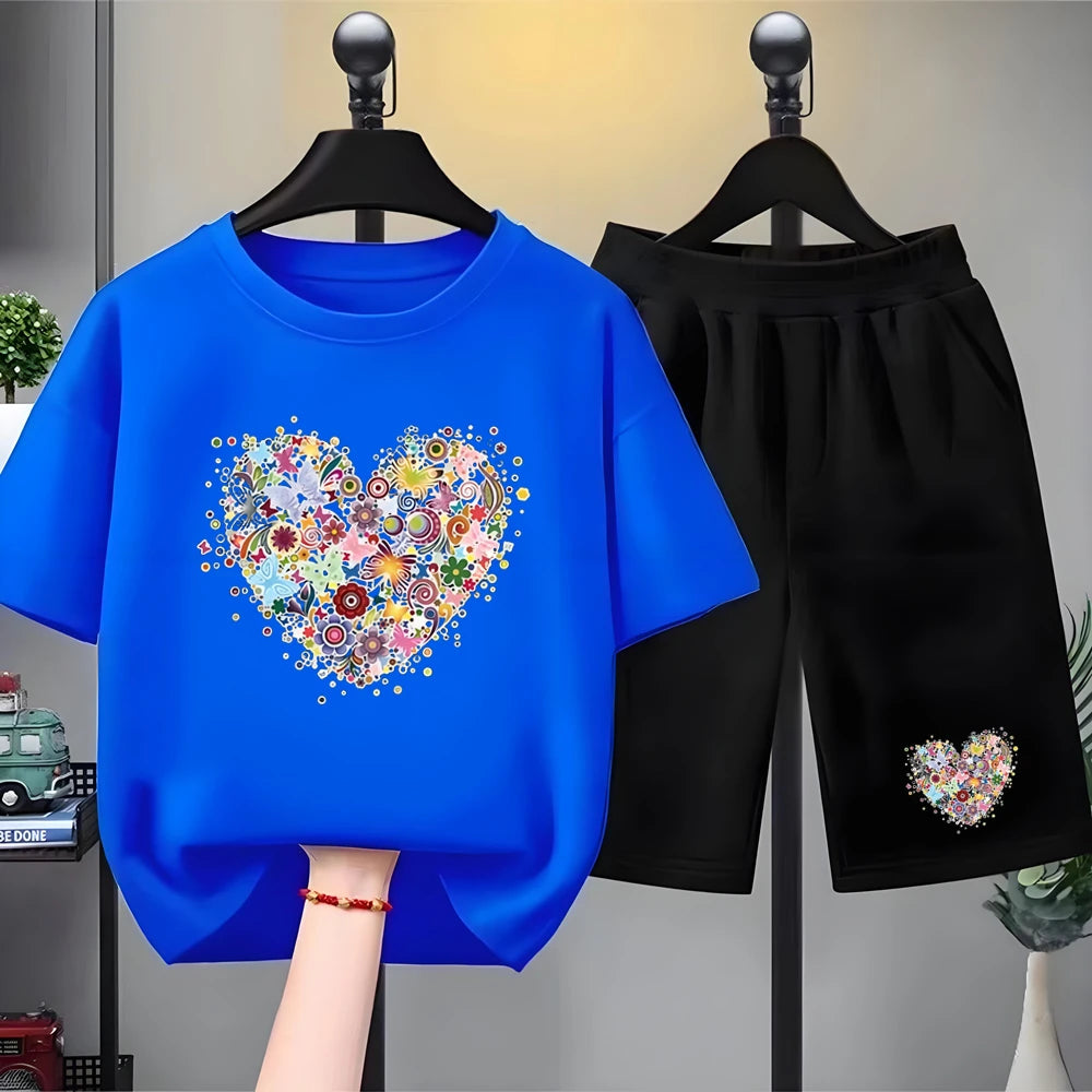 Children white Floral heart-shaped print Summer Clothing Tshirt+Shorts Girl Toddler 3-12Yrs Short-Sleeved cool leisure Set