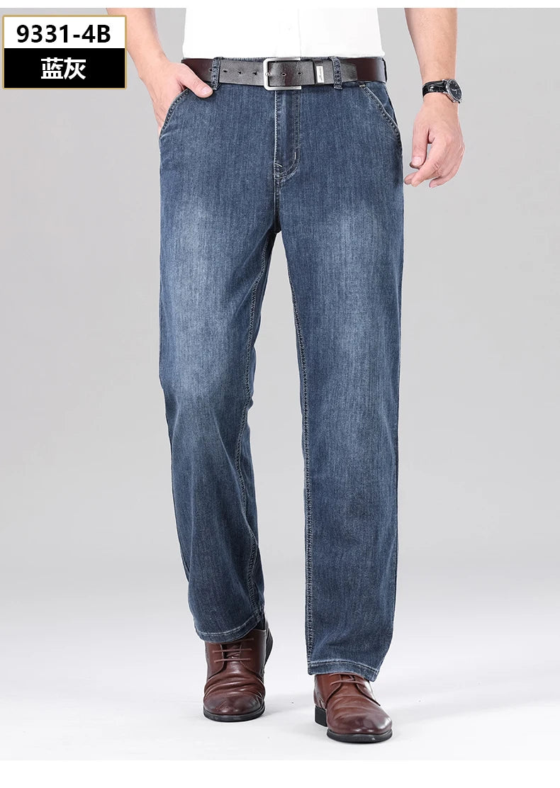 2026 Summer Brand Men's New Straight Leg Loose Lightweight Denim Jeans Classic Badge Business Casual Stretch Thin Retro Pants