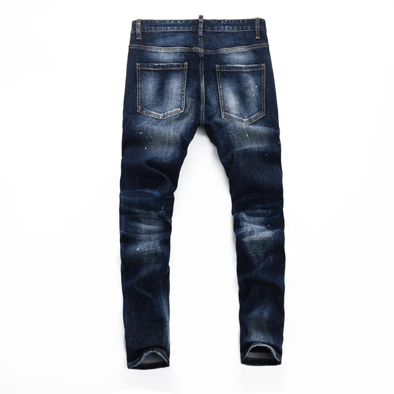 Designer Fashion New Men's Jeans Wrinkle Paint Dots Wrinkle Wash Nostalgic Stretch Slimming Blue Jeans High Street Hip Hop Brand