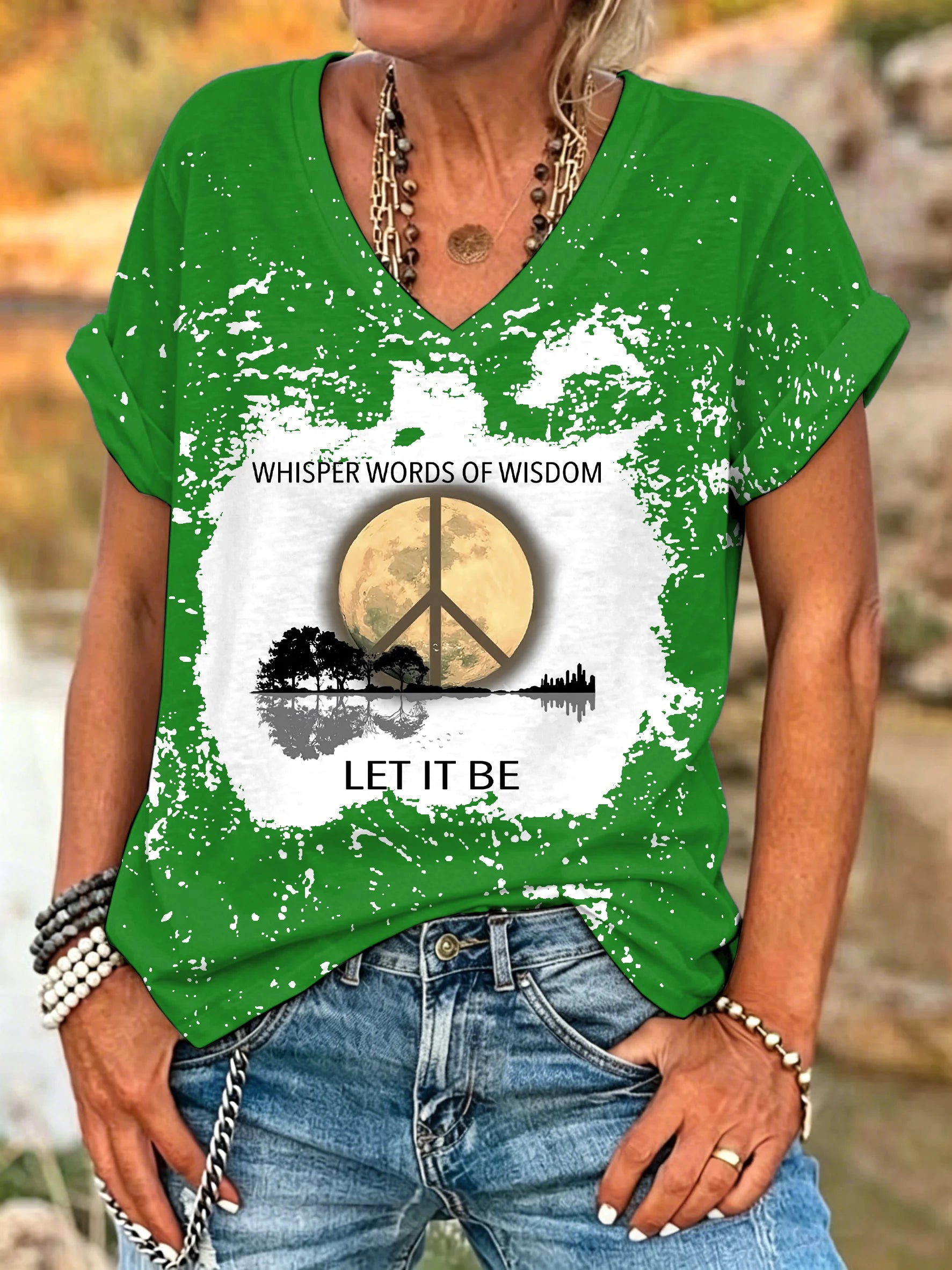 ilstile Women's What A Wonderful World Life Tree Bleached T-Shirt Boho Hippie Print V-Neck Short Sleeve Loose Casual Top
