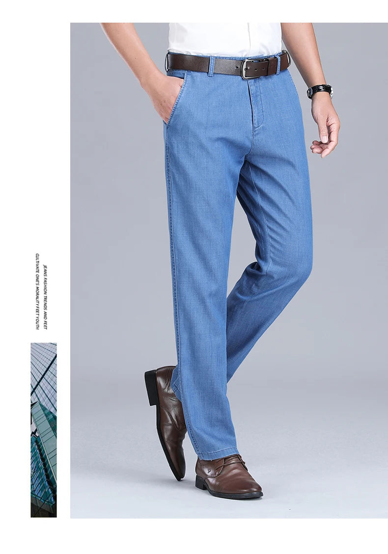 2024 New Men's Summer Thin Jeans Loose Stretch Large Size Ice Silk Straight Pants Elite Business Casual Pants Smoke Gray Blue