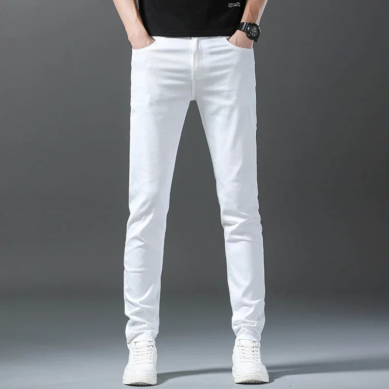 2025 Spring Summer New 98%Cotton Men's Slim Jeans Straight Casual Fashion Pencil Pants High Quality Trousers Male Clothes White