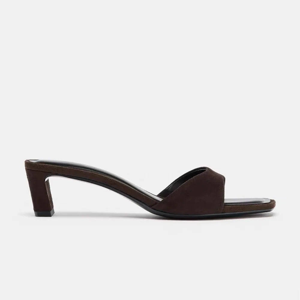 2026 Summer Women Heels Sandals Square Toe Open Toe Comfy Casual Slides Ladies Brown Fashion Women Kitten Heel Slippers