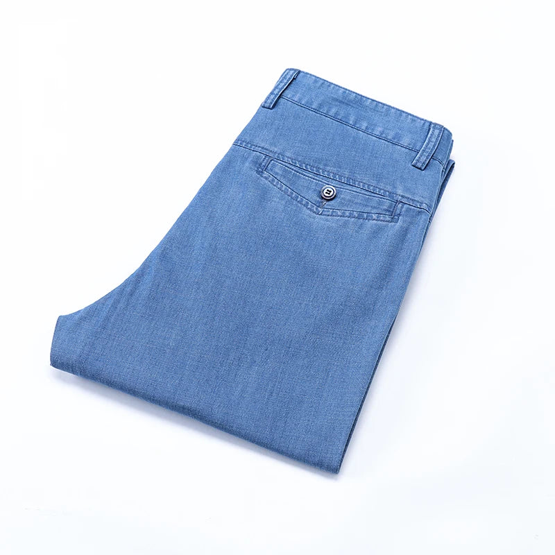 2024 New Men's Summer Thin Jeans Loose Stretch Large Size Ice Silk Straight Pants Elite Business Casual Pants Smoke Gray Blue