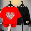 Children white Floral heart-shaped print Summer Clothing Tshirt+Shorts Girl Toddler 3-12Yrs Short-Sleeved cool leisure Set