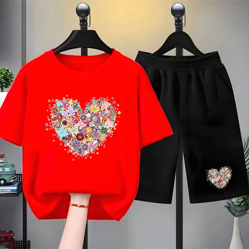 Children white Floral heart-shaped print Summer Clothing Tshirt+Shorts Girl Toddler 3-12Yrs Short-Sleeved cool leisure Set