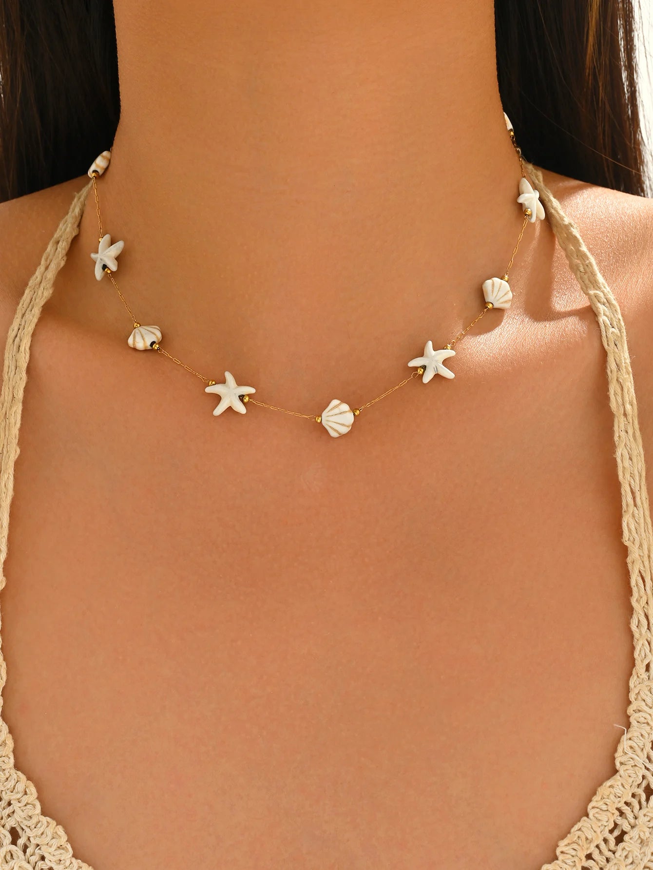 Stainless Steel Starfish Shell Choker Necklace Boho Beach Summer Vacation Jewelry for Women Daily Casual Wear