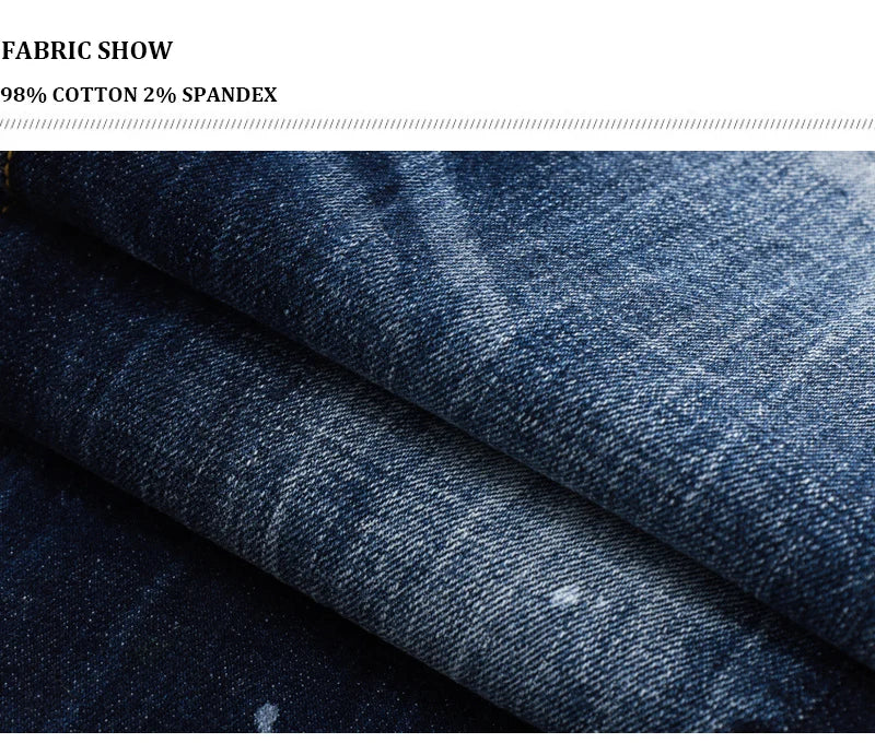 Designer Fashion New Men's Jeans Wrinkle Paint Dots Wrinkle Wash Nostalgic Stretch Slimming Blue Jeans High Street Hip Hop Brand