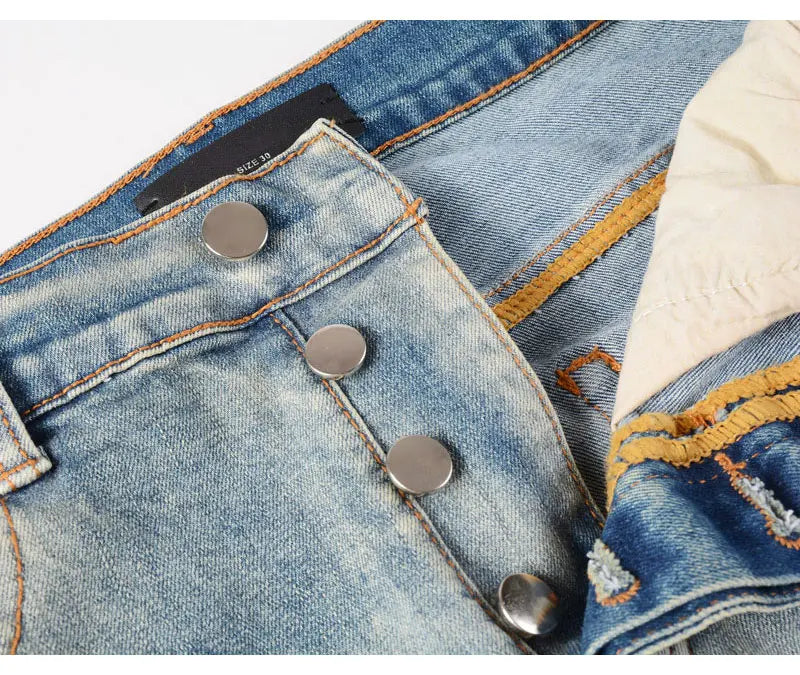 Designer High Street Fashion New Light Blue Men's Jeans Stretch Slimming White Leather Patch Hip Hop Brand Pants HombreY2K