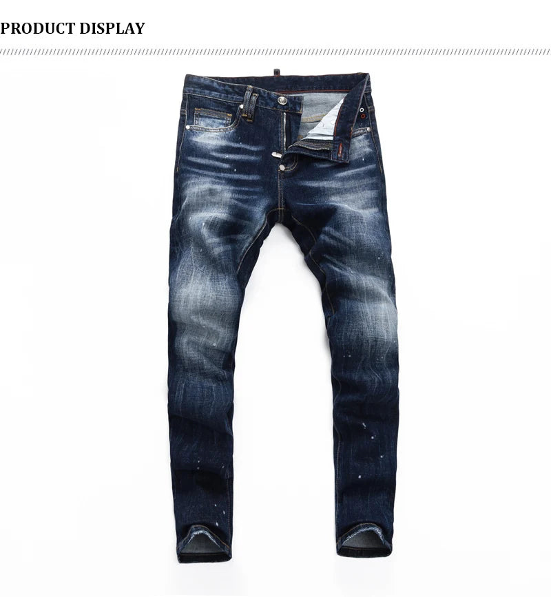 Designer Fashion New Men's Jeans Wrinkle Paint Dots Wrinkle Wash Nostalgic Stretch Slimming Blue Jeans High Street Hip Hop Brand