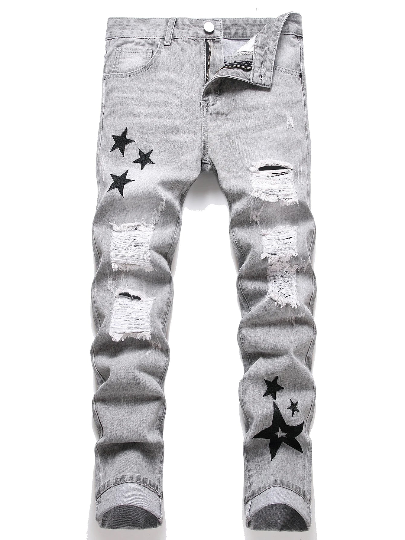 Y2K Men's Jeans - Trendy Gray Mid-Rise Straight Leg, Distressed Ripped with Whisker & Grunge Washes, Cool Street Style