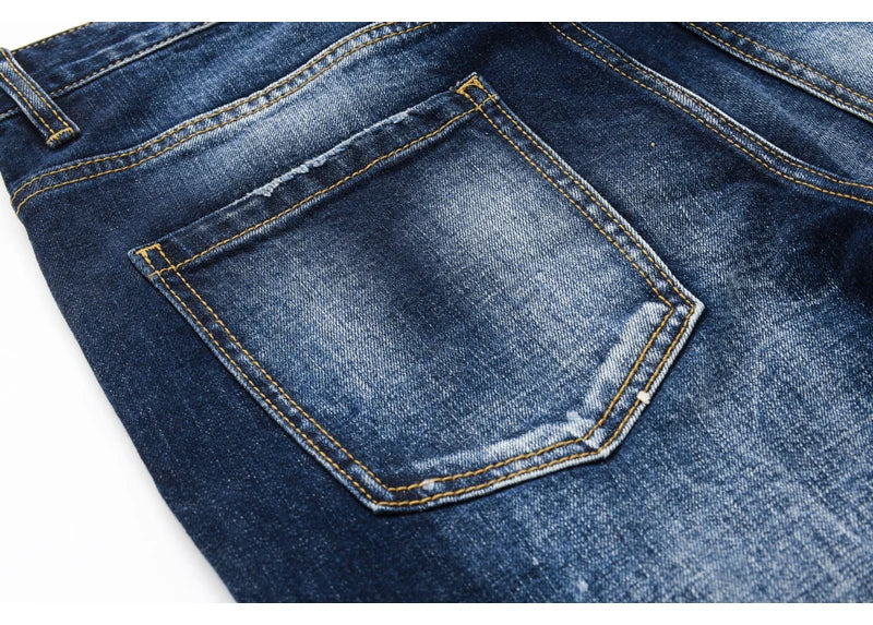 Designer Fashion New Men's Jeans Wrinkle Paint Dots Wrinkle Wash Nostalgic Stretch Slimming Blue Jeans High Street Hip Hop Brand
