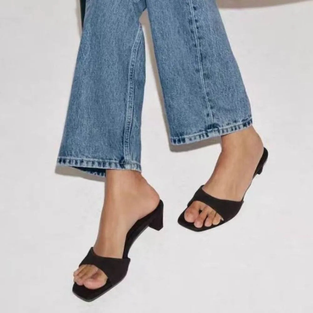 2026 Summer Women Heels Sandals Square Toe Open Toe Comfy Casual Slides Ladies Brown Fashion Women Kitten Heel Slippers