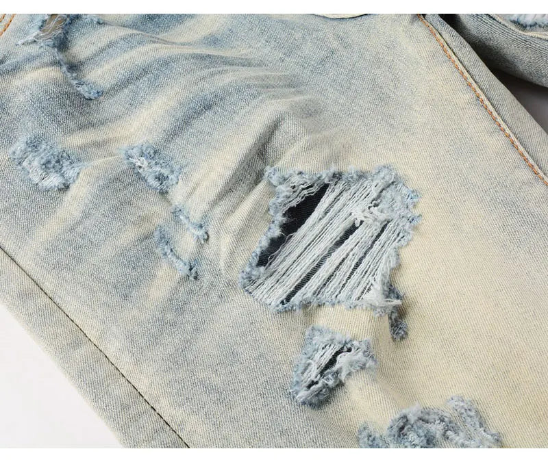 Designer High Street Fashion New Light Blue Men's Jeans Stretch Slimming White Leather Patch Hip Hop Brand Pants HombreY2K