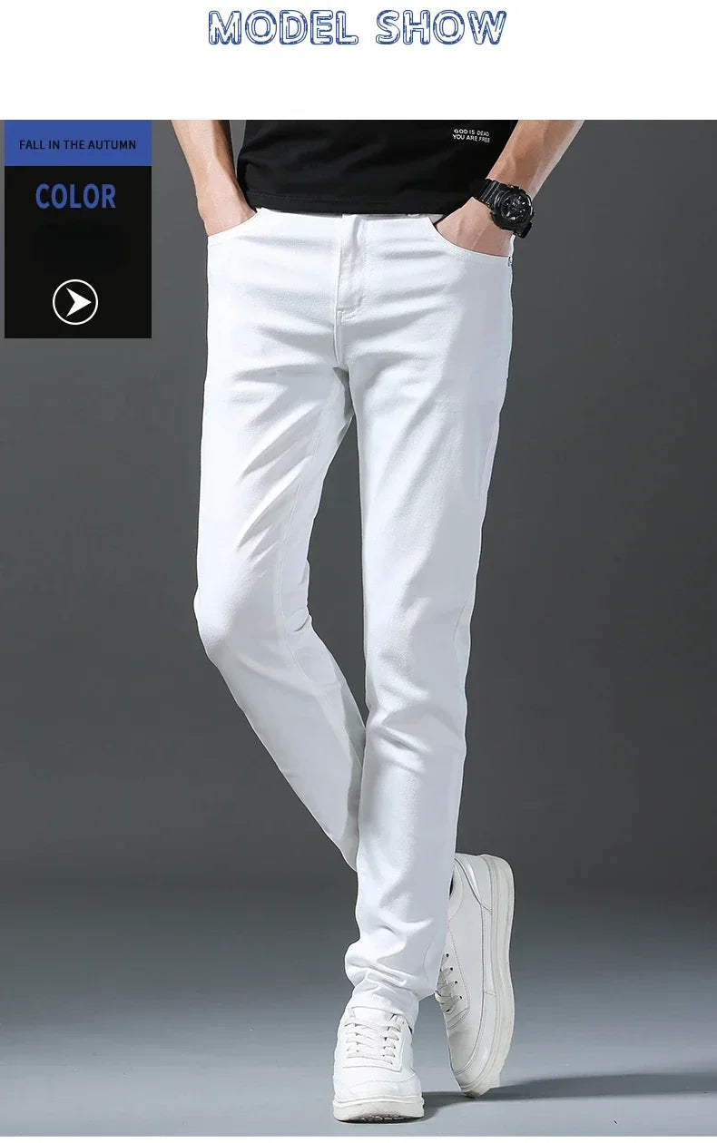 2025 Spring Summer New 98%Cotton Men's Slim Jeans Straight Casual Fashion Pencil Pants High Quality Trousers Male Clothes White