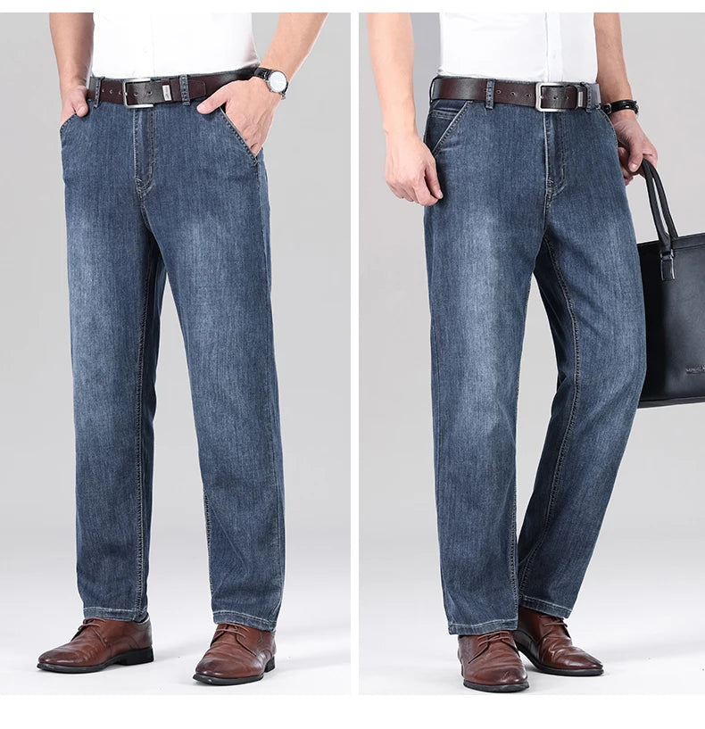 2026 Summer Brand Men's New Straight Leg Loose Lightweight Denim Jeans Classic Badge Business Casual Stretch Thin Retro Pants
