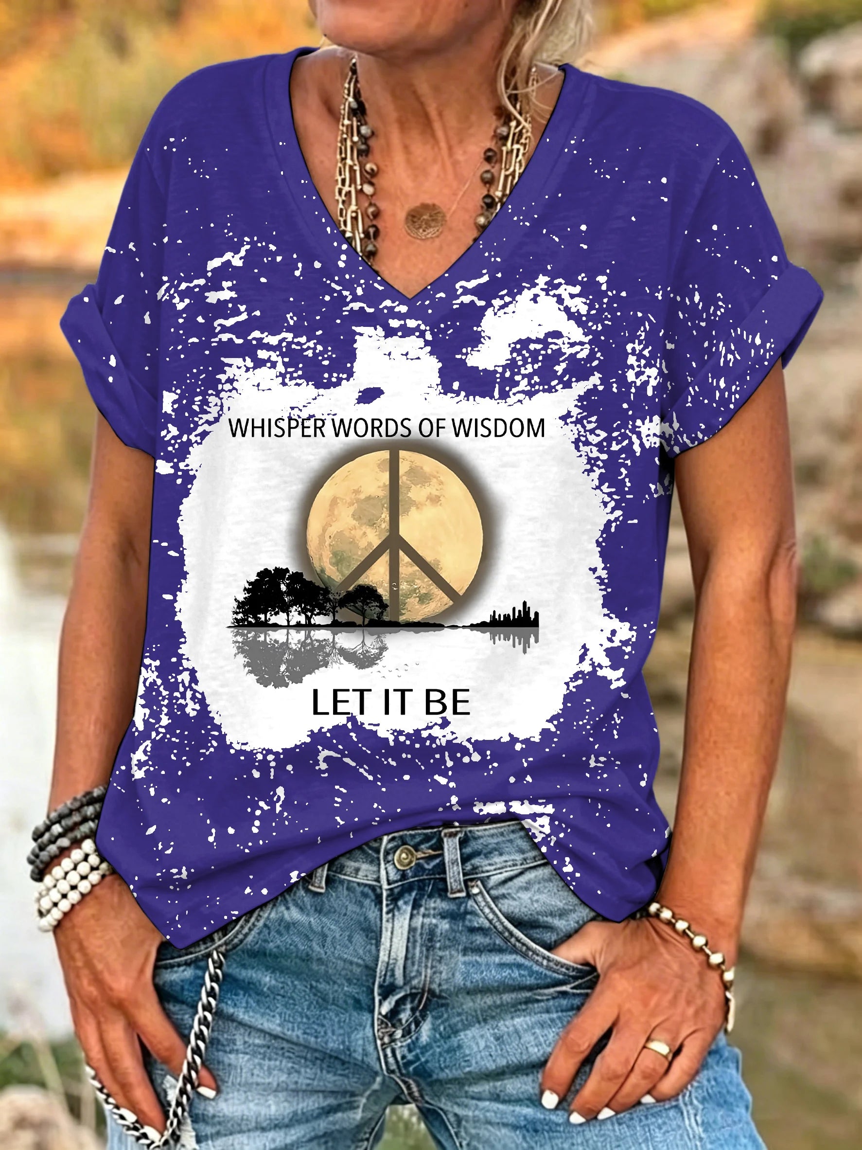 ilstile Women's What A Wonderful World Life Tree Bleached T-Shirt Boho Hippie Print V-Neck Short Sleeve Loose Casual Top