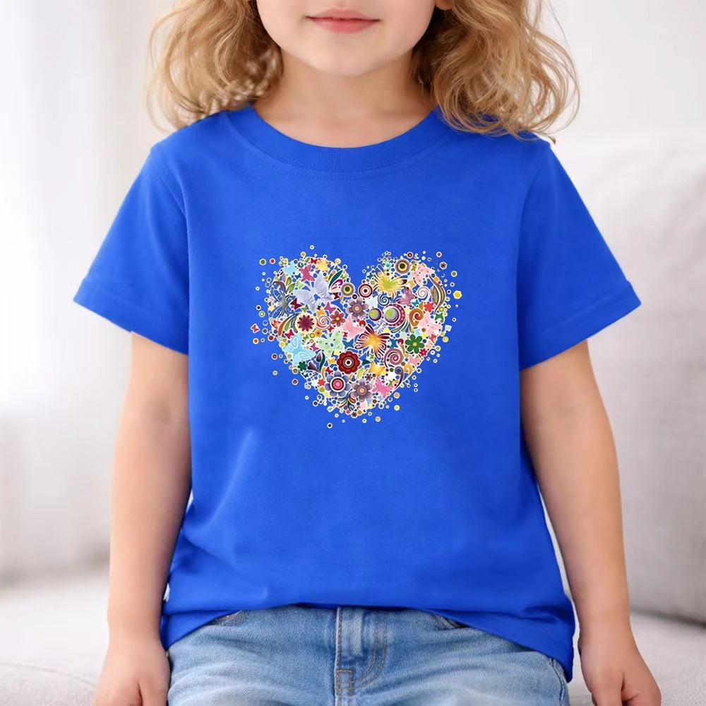 Children white Floral heart-shaped print Summer Clothing Tshirt+Shorts Girl Toddler 3-12Yrs Short-Sleeved cool leisure Set