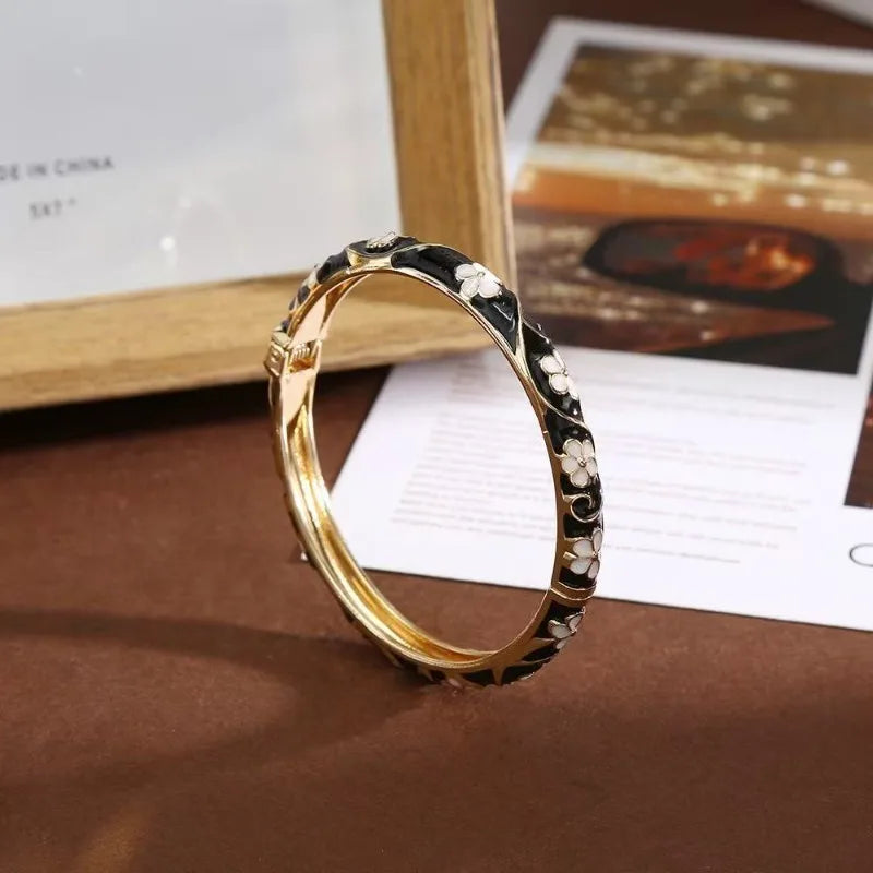 Colorful Enamel Floral Bangle Bracelet Retro Gold-Tone Open Cuff, Elegant Dainty Jewelry For Women Gifts