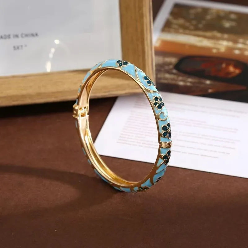 Colorful Enamel Floral Bangle Bracelet Retro Gold-Tone Open Cuff, Elegant Dainty Jewelry For Women Gifts