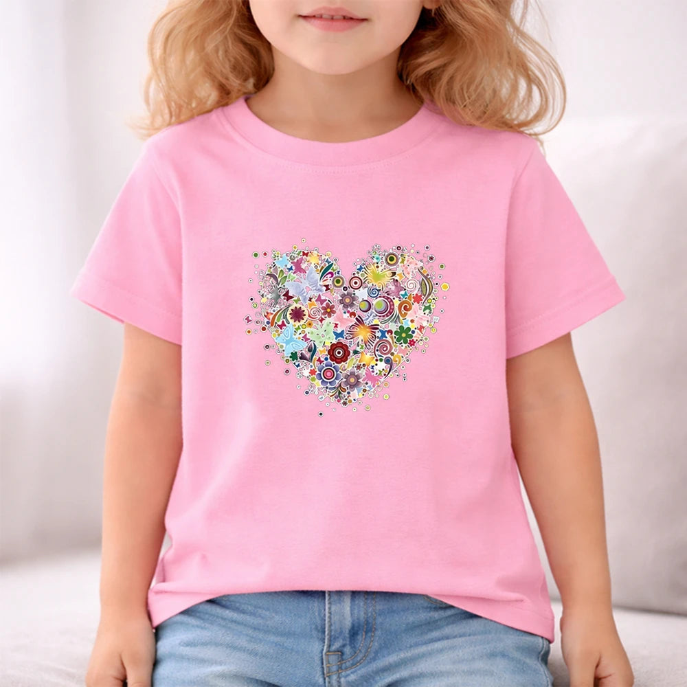 Children white Floral heart-shaped print Summer Clothing Tshirt+Shorts Girl Toddler 3-12Yrs Short-Sleeved cool leisure Set
