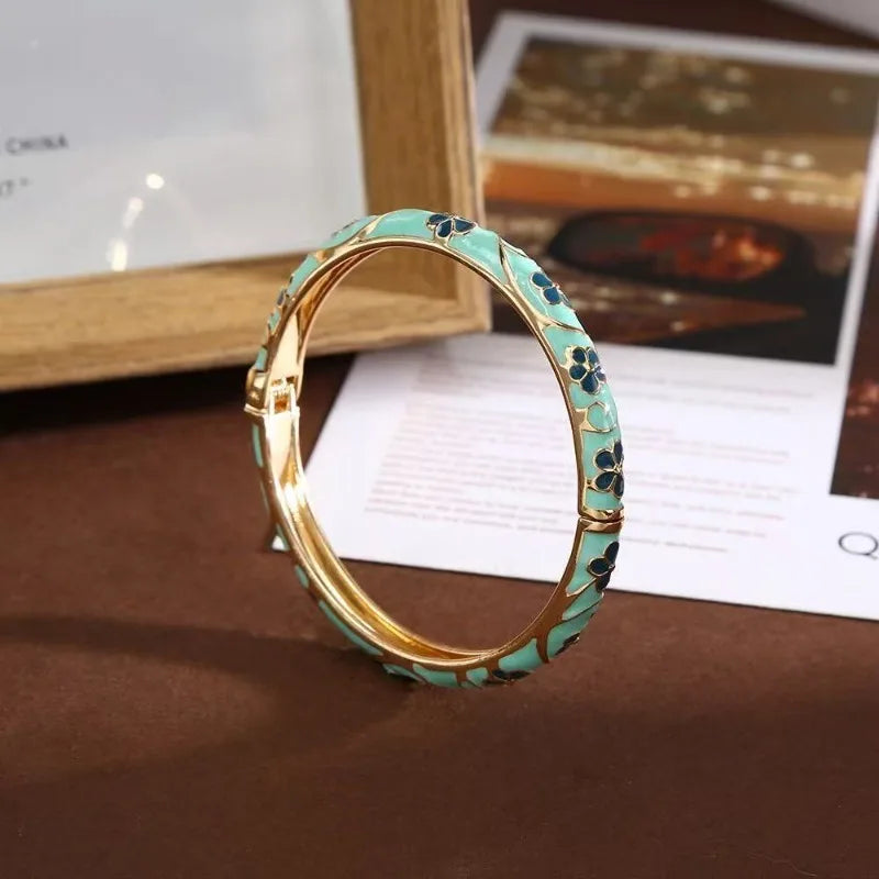 Colorful Enamel Floral Bangle Bracelet Retro Gold-Tone Open Cuff, Elegant Dainty Jewelry For Women Gifts